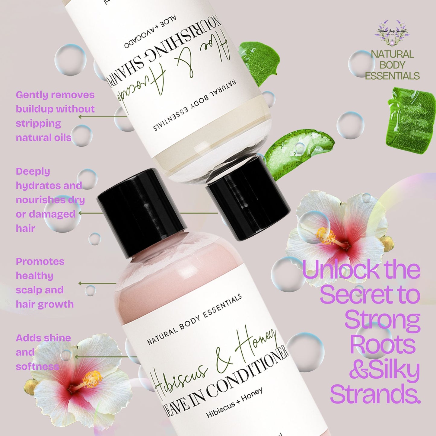 Nourishing Botanical Aloe and Avocado Shampoo & Hibiscus & Raw Honey Leave In Conditioner - Hair Care Bundle