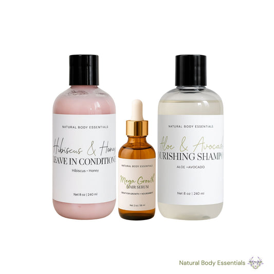 Nourishing Botanical Aloe and Avocado Shampoo, Hibiscus & Raw Honey Leave In Conditioner and Hair Growth Oil- Hair Care Bundle