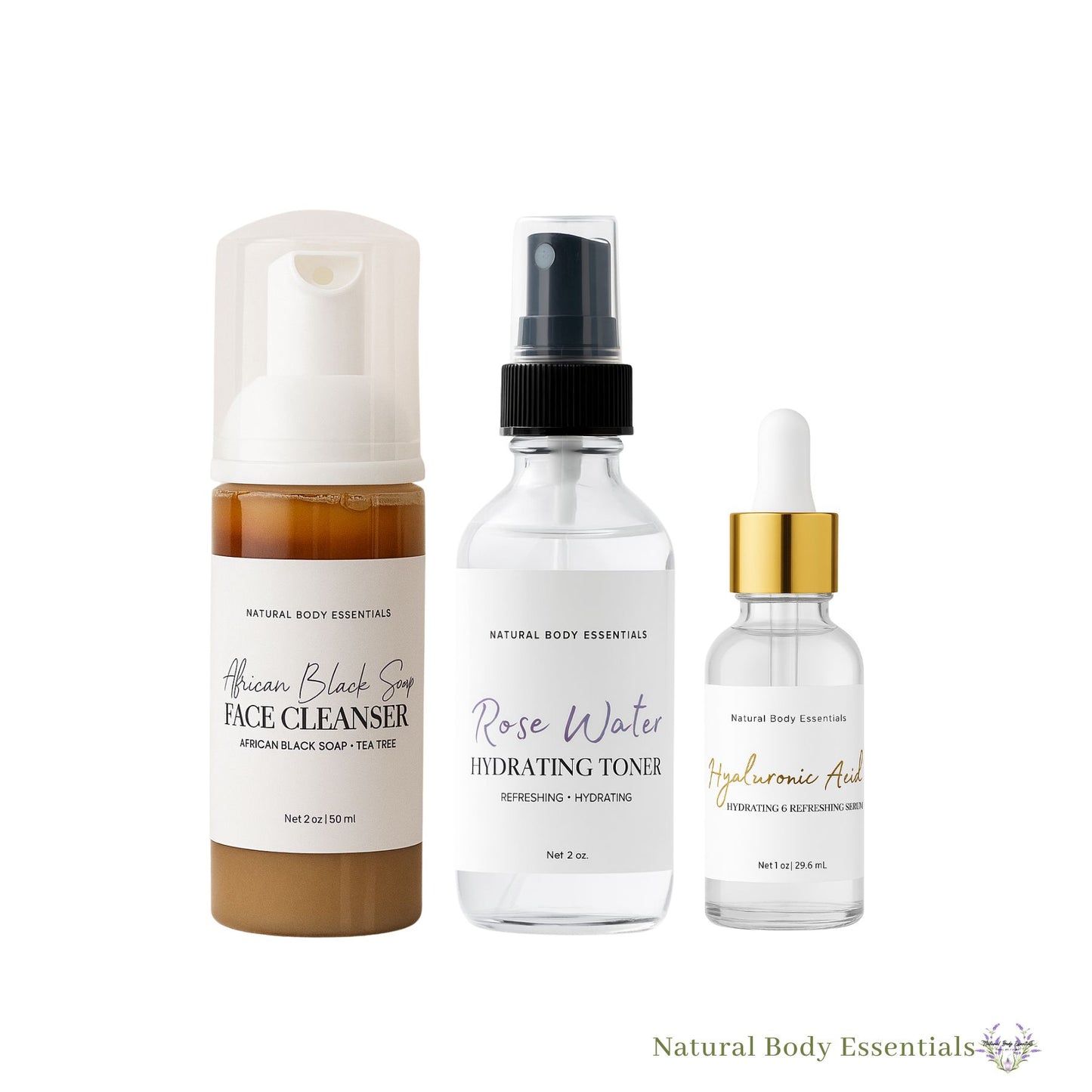 African Black Soap Facial Cleanser, Tea Tree Oil & Rose Facial Toner and Hyaluronic Acid Hydrating Serum- Face Care Bundle