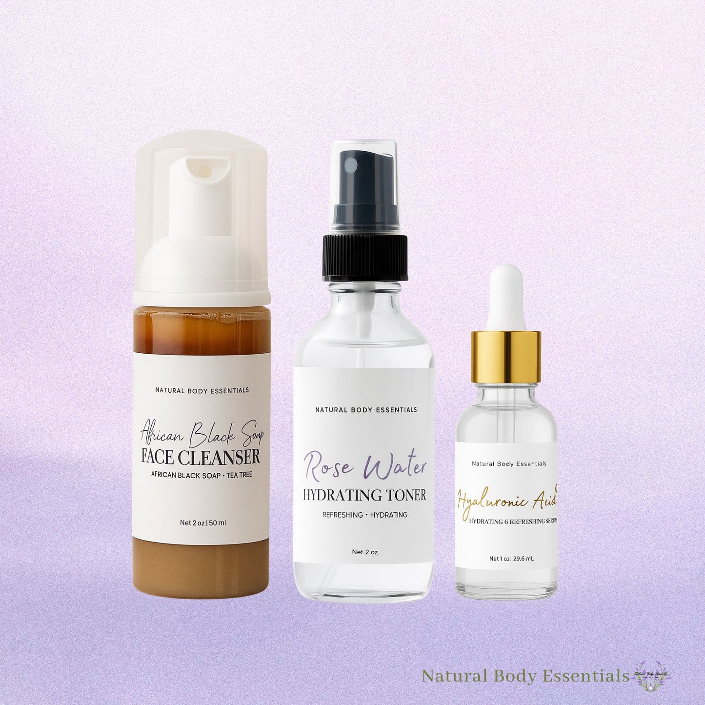 African Black Soap Facial Cleanser, Tea Tree Oil & Rose Facial Toner and Hyaluronic Acid Hydrating Serum- Face Care Bundle