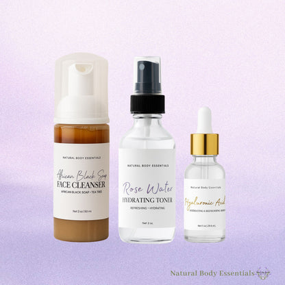 African Black Soap Facial Cleanser, Tea Tree Oil & Rose Facial Toner and Hyaluronic Acid Hydrating Serum- Face Care Bundle