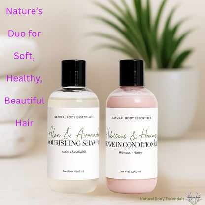 Nourishing Botanical Aloe and Avocado Shampoo & Hibiscus & Raw Honey Leave In Conditioner - Hair Care Bundle